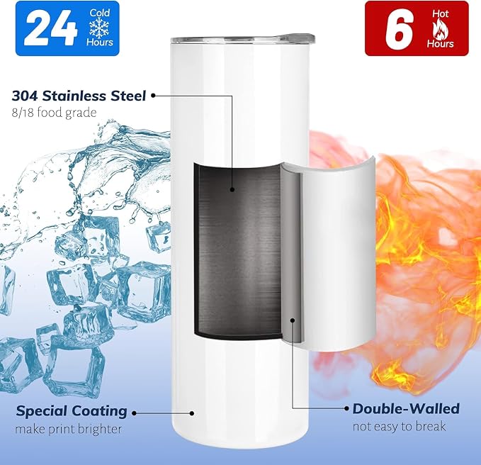 Joyclub Sublimation Tumblers Blanks 20 oz Skinny Straight Tumblers Bulk Stainless Steel Insulated Sublimation Cups with Lids and Straw, Gift Box - Image 3