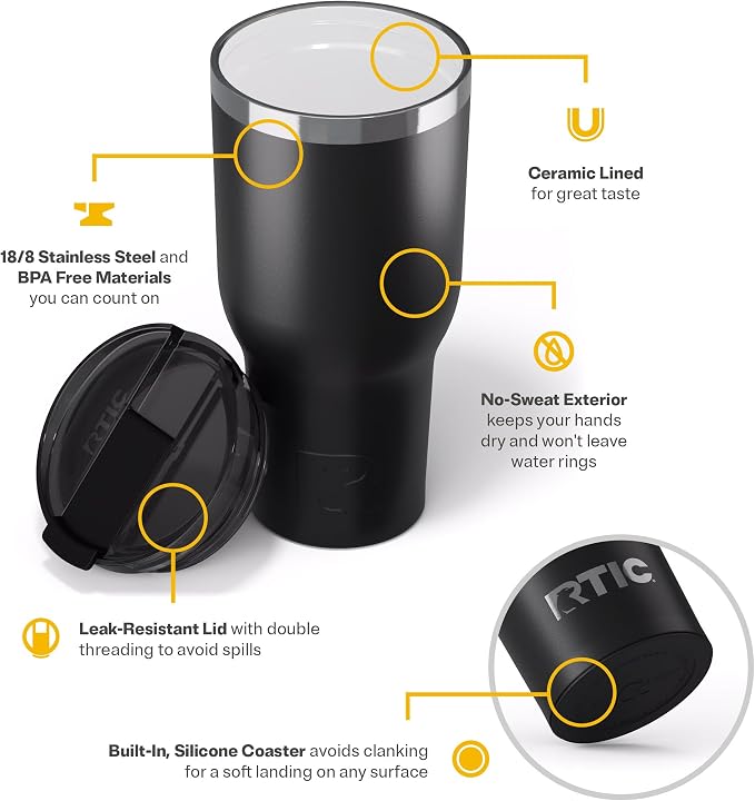 RTIC 40oz Essential Tumbler with Lid, Ceramic Lined, Insulated, Stainless Steel, Metal, Double Wall Vacuum-Insulation, Travel Cup for Iced Coffee, Tea, Hot and Cold Drink, Black - Image 4