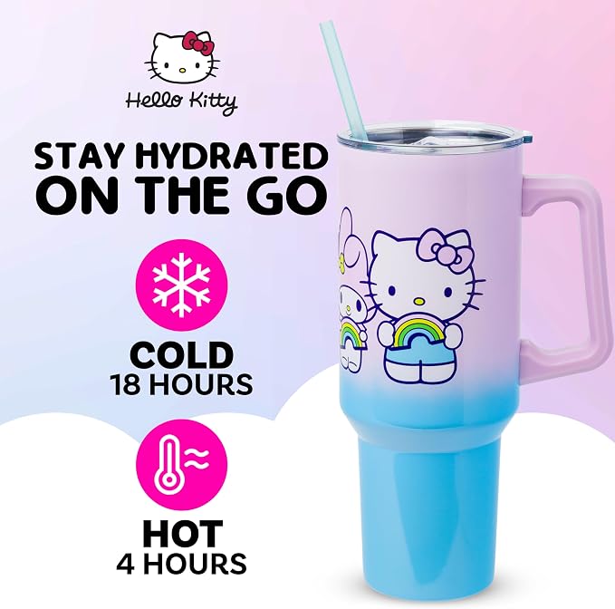 Silver Buffalo Sanrio Hello Kitty and Friends Featuring My Melody, Kuromi, Pompompurin Rainbow Ombre Double Walled Stainless Steel Tumbler with Handle and Straw, Fits in Standard Cup Holder, 40 Ounces - Image 2