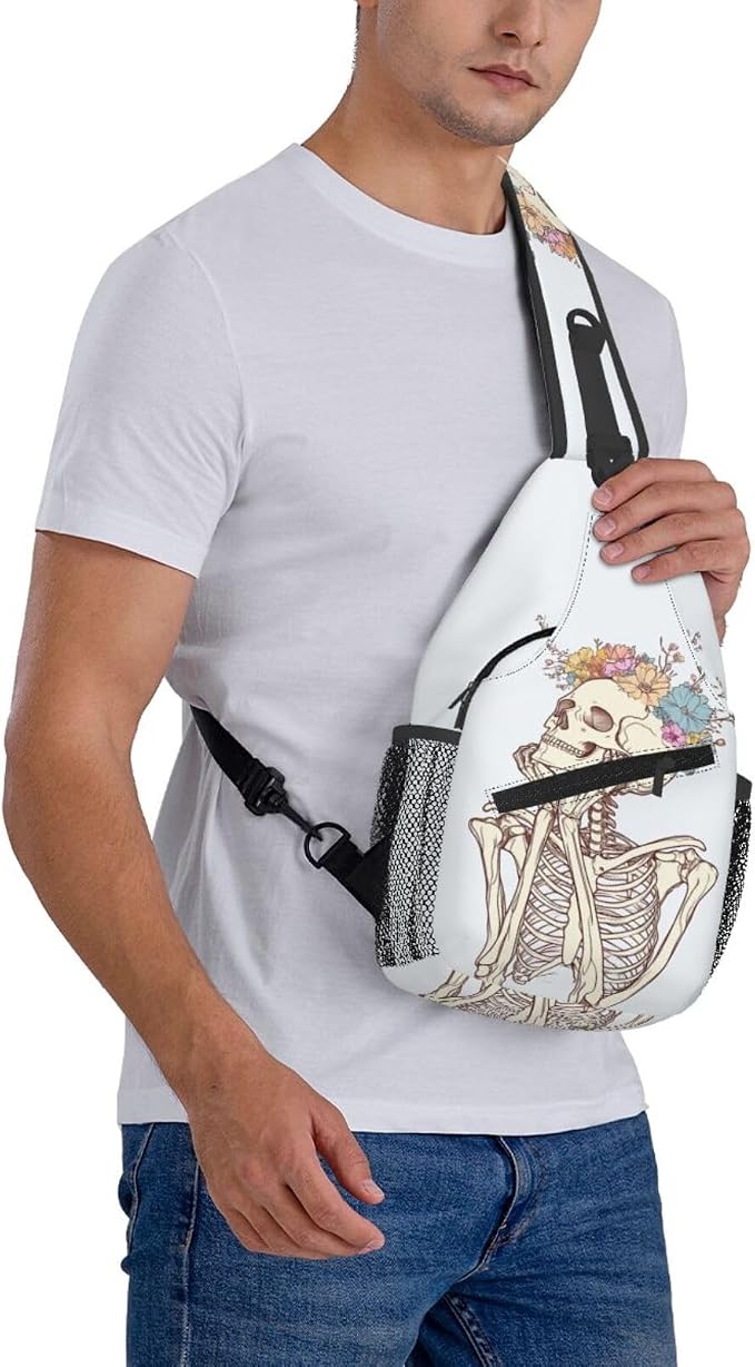 SUPLUCHOM Sling Bag Skeleton Flower Skull Hiking Daypack Crossbody Shoulder - Image 8