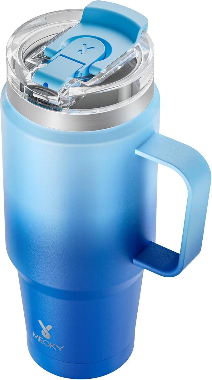 Meoky 32oz Tumbler with Handle, Stainless Steel Travel Mug with 2-in-1 Straw and Sip Lid, Vacuum Insulated Coffee Mug, 100% Leak Proof, Keeps Cold for 24 Hours or Hot for 8 Hours (Sky) by MEOKY