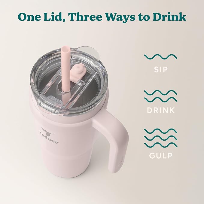 REDUCE 24 oz Stainless Steel Tumbler with Handle - Dual-Wall Vacuum Insulated Travel Mug, Sweat-Proof Lid & Reusable Straw - Keeps Drinks Cold for 24 Hrs, Fits Cupholders, Dishwasher Safe-Pink Cotton - Image 5