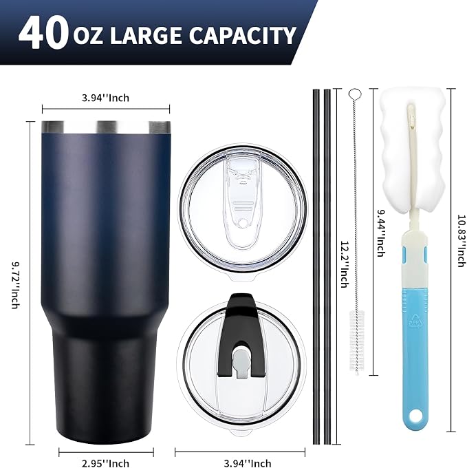 40 oz Tumbler with Lids and Straws, Stainless Steel Insulated Coffee Tumbler, Double Wall Vacuum Insulated Travel Mug Cup, Leakproof Thermal Coffee Cup for Hot and Cold Drinks (Indigo Black) - Image 2