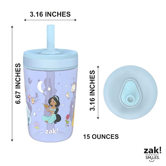 Zak Designs Disney Princess Kelso Toddler Cups For Travel or Home, 15oz 2-Pack Plastic Sippy Cups, Leak-Proof For Kids (Ariel, Aurora, Belle, Cinderella, Jasmine, Mulan, Rapunzel, Tiana) - Image 8