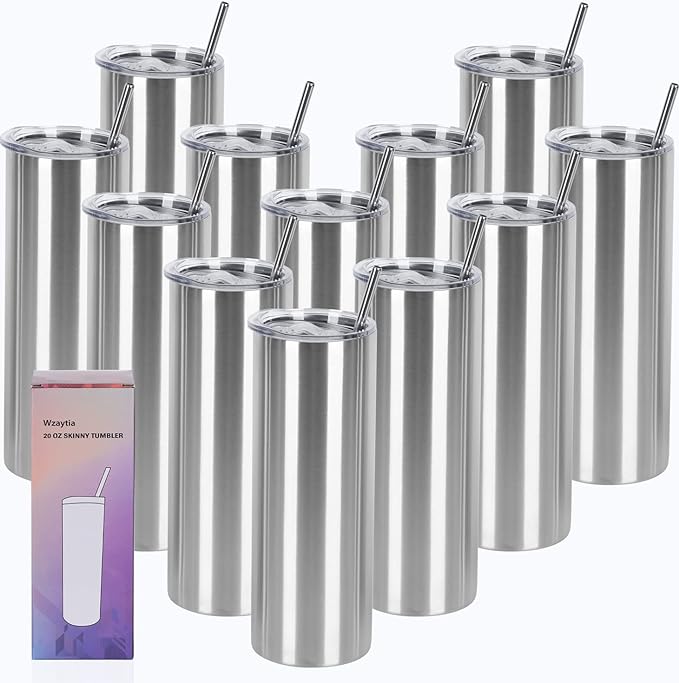 12 Pack 20 Oz Straight Skinny Tumblers,Individually Gift Boxed Stainless Steel Slim Skinny Tumbler Set Bulk, 20 Oz Insulated Slim Thin Travel Tumbler Cup for Diy, Silver by Wzaytia