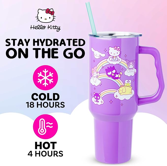 Silver Buffalo Sanrio Hello Kitty and Friends Featuring My Melody, Cinnamoroll, Kuromi, Chococat, Badtz-Maru, Keroppi, and Pompompurin Double Walled Stainless Steel Tumbler with Handle, 40 Ounces - Image 2