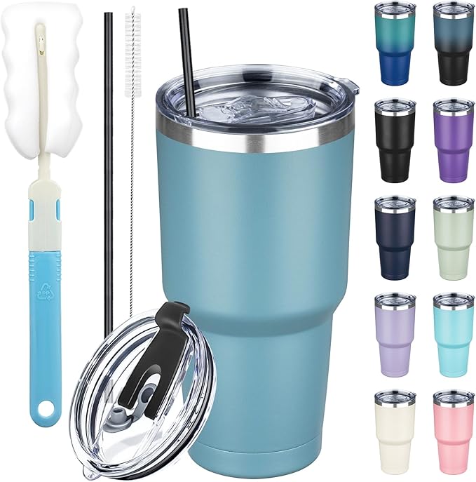 30 oz Tumbler with Lids and Straws, Stainless Steel Insulated Coffee Tumbler, Double Wall Vacuum Insulated Travel Mug Cup, Leakproof Thermal Coffee Cup for Hot and Cold Drinks (Azure Blue) by GUDEMAO