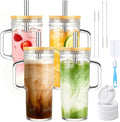 Birity Glass Cups with Lids and Straws,24oz Glass Tumbler With Handle,4 Pack Reusable Iced Coffee Cup with Lids-Mason Jar with Lid and Straw,Boba Cup for Cold & Hot Drinks,Smoothies Cup,Travel Mug by 24ozRibbedGlassCup