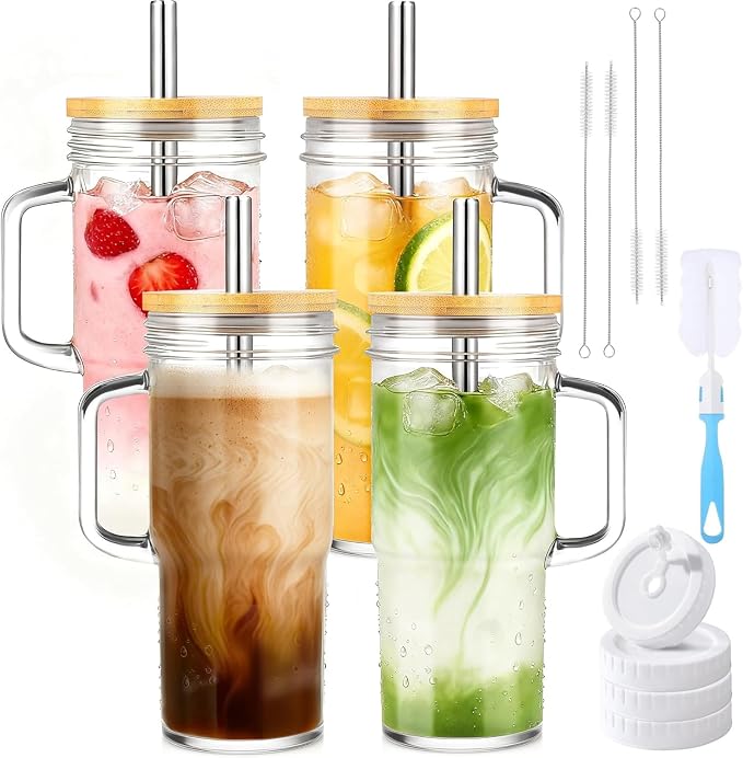 Birity Glass Cups with Lids and Straws,24oz Glass Tumbler With Handle,4 Pack Reusable Iced Coffee Cup with Lids-Mason Jar with Lid and Straw,Boba Cup for Cold & Hot Drinks,Smoothies Cup,Travel Mug by 24ozRibbedGlassCup