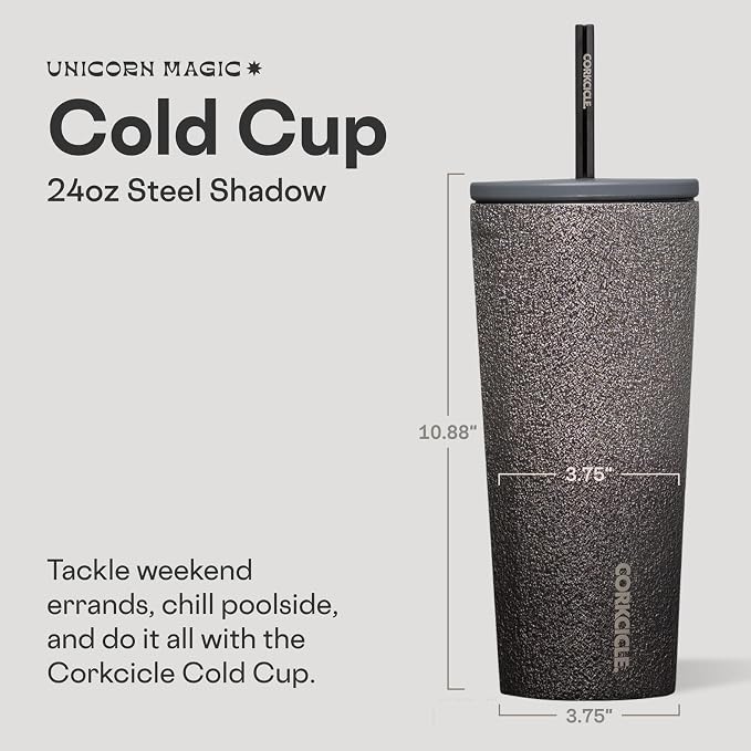 Corkcicle Cold Cup Insulated Tumbler with Straw - Keeps Drinks Cold for 12 Hours - Triple-Insulated Stainless Steel - Leak-Resistant Lid - Summer Drinkware Gift - 24 oz - Steel Shadow - Image 2