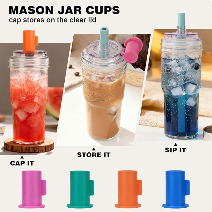 ANOTION 2pc Glass Tumbler with Lids and Straws, Leakproof 24oz Mason Jar Cups, Cap Cup Leak-Proof, Self-Assembly Silicone Straw, Reusable Iced Coffee Smoothie Matcha Cup Aesthetic Coffee Gifts Women - Image 3