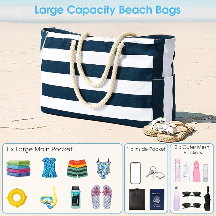 Becokan Beach Bags for Women Large Waterproof Beach Tote Bag Zipper Beach Bags - Image 7