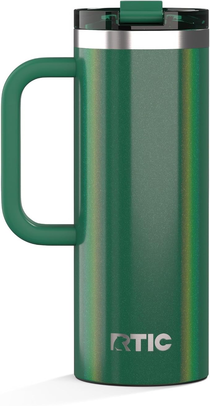 RTIC 20oz Road Trip Travel Mug with Lid and Handle, Ceramic Lined, Insulated, Stainless Steel, Metal, Double Wall Vacuum-Insulation, Portable Coffee, Tea Cup for Hot and Cold Drink, Pine Tree Glitter by RTIC