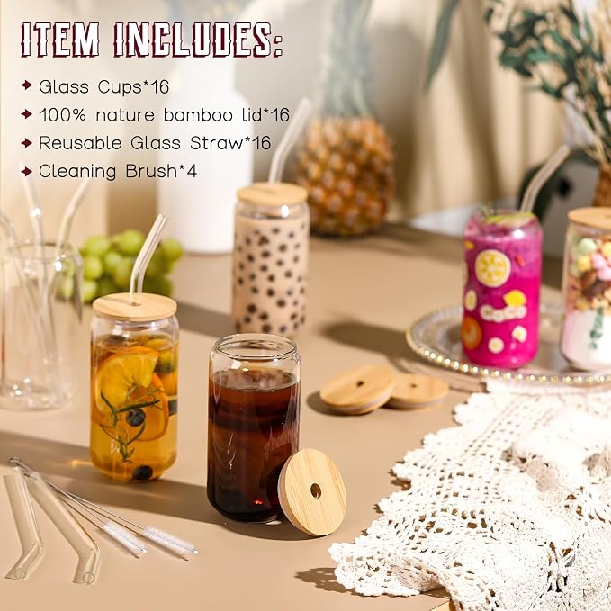 16 Pack Glass Cups with Lids and Straws 16 oz, Personalized Customizable Glasses for Gift, Business, Drinking glasses set, Iced Coffee Cup, Cute Aesthetics Tumbler for Tea, Homemade Drinks - Image 2