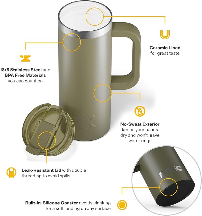 RTIC 20oz Road Trip Travel Mug with Lid and Handle, Ceramic Lined, Insulated, Stainless Steel, Metal, Double Wall Vacuum-Insulation, Portable Coffee, Tea Cup for Hot and Cold Drink, Olive - Image 4