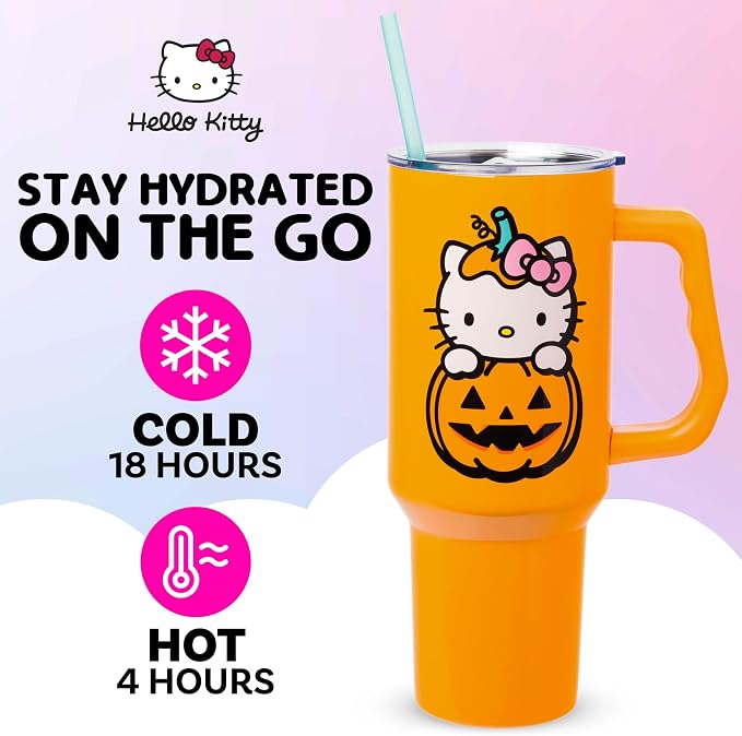 Silver Buffalo Sanrio Hello Kitty Halloween Jack-O-Lantern Double Walled Stainless Steel Tumbler with Handle and Straw, Fits in Standard Cup Holder, 40 Ounces - Image 2