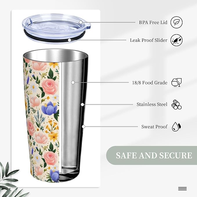 Floral Tumbler with Lid and Straw 20oz Vacuum Insulated Coffee Cup Stainless Steel Tumblers Leakproof Travel Mug Present for Women Men - Image 3