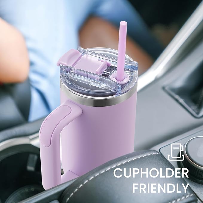 30 oz Tumbler with Handle, Tumbler with Lid and Straw, Double Wall Vacuum Insulated Travel Mug Stainless Steel Tumbler for Hot and Cold, Cupholder Friendly (Purple) - Image 5