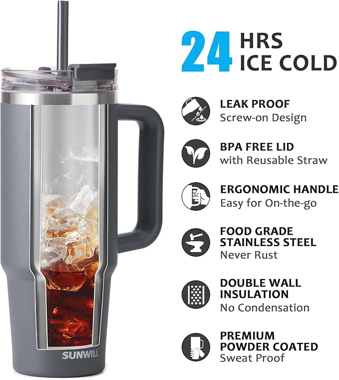 SUNWILL Travel Coffee Mug with Lid, 30 oz Tumbler with Handle and Straw Leak Proof, Stainless Steel Cup Insulated for Office & Camping, Cupholder Friendly, Powder Coated Charcoal - Image 2