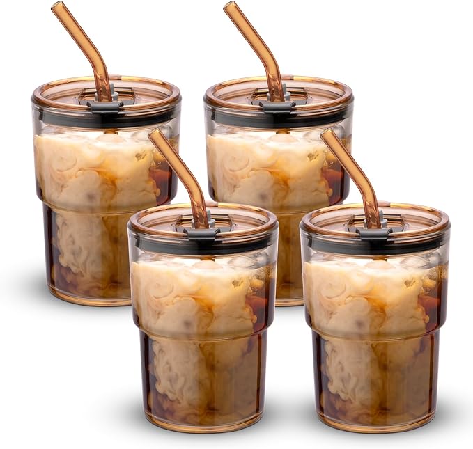 BLUEPOLAR 13 oz Tumbler Water Glass, Water Bottle with Straw and Dustproof Lid, Coffee Ice Cup Double Wall Insulated Glass Cup (Amber-4pack) by BLUEPOLAR