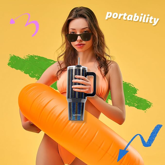 40 oz Shiny Tumbler with Handle and Straw,Stainless Steel Tumbler with Lid and Straw,Insulated Travel Mug(Cold for 34 Hours),Water Bottle for Iced Tea,Coffee (Black) - Image 5