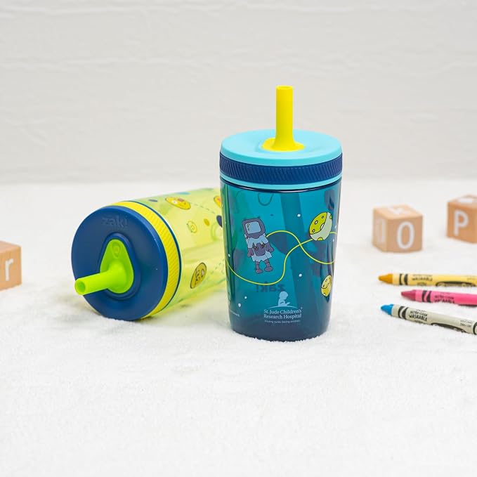 Zak Designs St. Jude Kelso Toddler Tumblers For Travel or At Home, 15oz 2-Pack Durable Plastic Sippy Cups With Leak-Proof Design is Perfect For Kids (Space and Smiles) - Image 2