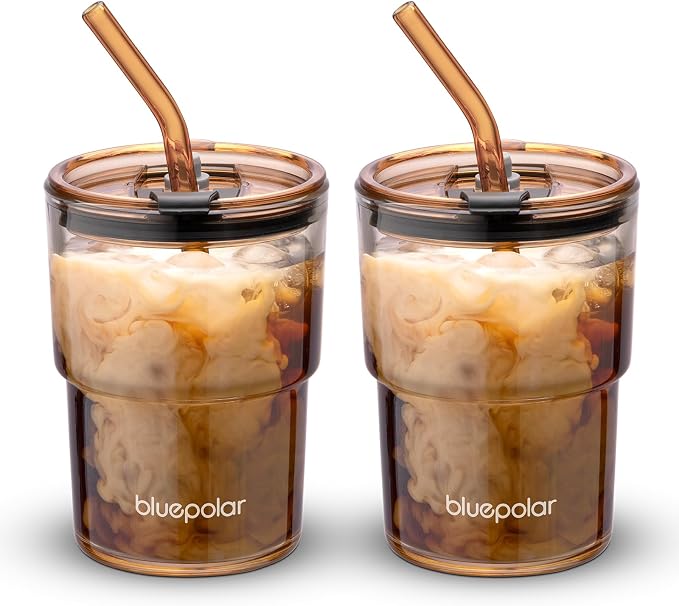 BLUEPOLAR 13oz/400ml Glass Water Tumbler with Straw and Lid Sealed Carry On Thick Wall Iced Coffee Cup Glass Cup for Water, Iced Tea Fruit Juice Etc (Amber-2PACK) by BLUEPOLAR