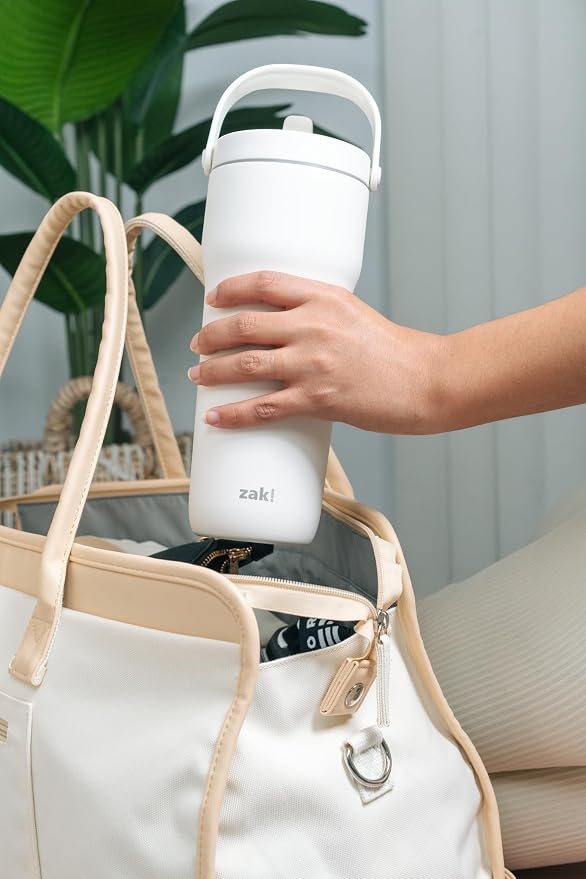 Zak Designs Sutton Travel Tumbler for On the Go, 30oz Stainless Steel with Vacuum Insulation, Straw Spout, Carry Handle for Cold Drinks (Cream White) - Image 10