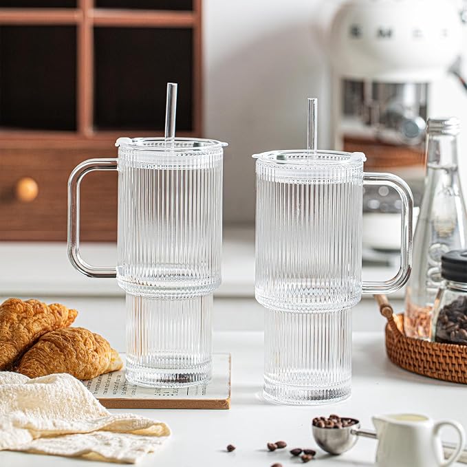 INSETLAN 24oz Ribbed Glass Tumbler with Handle & Lid – 2-Pack Large Iced Coffee Cups with Straws, Modern Glass Mug for Cold & Hot Beverages, Aesthetic Travel Cup for Smoothies, Tea, and Juice - Image 9