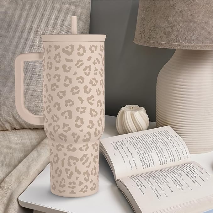 SANDJEST Leopard Tumbler with Handle, Insulated Cup Stainless Steel Travel Mug Cup, Gifts for Women Girl on Birthday Christmas, Tan Leopard, 40oz - Image 7