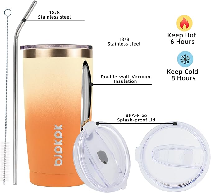 BJPKPK Tumbler with Lid and Straw, 20 oz Stainless Steel Vacuum Insulated Color Block Tumblers, Double Wall Ice Coffee Thermal Cup Travel Mug,Coral - Image 2