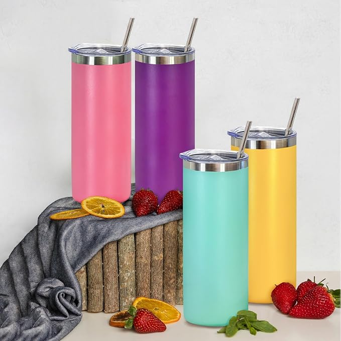 YOUKE OLA 16 Pack Stainless Steel Skinny Tumblers Bulk Straight Double Wall Powder Coated Insulated Tumbler with Lid and Straw for Laser Engrave, DIY Gift, 20oz Mix Colors - Image 5