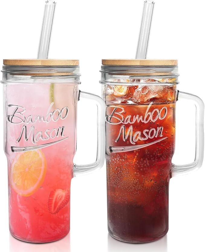 ANOTION Glass Cups with Lids and Straws - 24oz Tumbler with Handle Coffee Cups Glass Straws Glasses Mason Jar Cups Drinking Set Kitchen Essentials Coffee Bar Accessories House Warming Gifts New Home by ANOTION