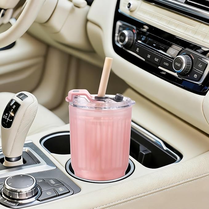 Iced Coffee Cups with Lids: Coffee Bar Accessories - Ribbed Glass Tumbler with Silicone Straw and Lid - 20oz Leak Proof Reusable Glass Cups and Tumblers with Lid and Silicone Straws(1Pcs-Pink) - Image 5