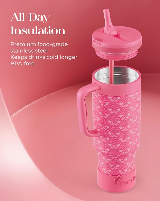 40 oz Insulated Tumbler with Handle and Push-Button Straw Lid, Stainless Steel Travel Cup for Gym Office, Leakproof, BPA-Free, Cup Holder Friendly, Bow Silicone Boot, Pink (Coquette Fuchsia) - Image 4