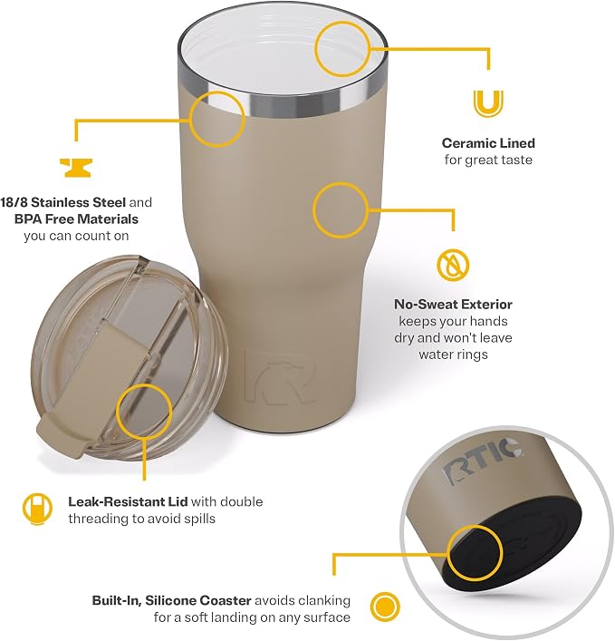 RTIC 30oz Essential Tumbler with Lid, Ceramic Lined, Insulated, Stainless Steel, Metal, Double Wall Vacuum-Insulation, Travel Cup for Iced Coffee, Tea, Hot and Cold Drink, Beach - Image 4