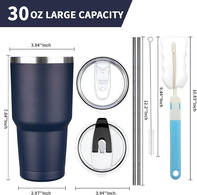 30 oz Tumbler with Lids and Straws, Stainless Steel Insulated Coffee Tumbler, Double Wall Vacuum Insulated Travel Mug Cup, Leakproof Thermal Coffee Cup for Hot and Cold Drinks (Navy Blue) - Image 2