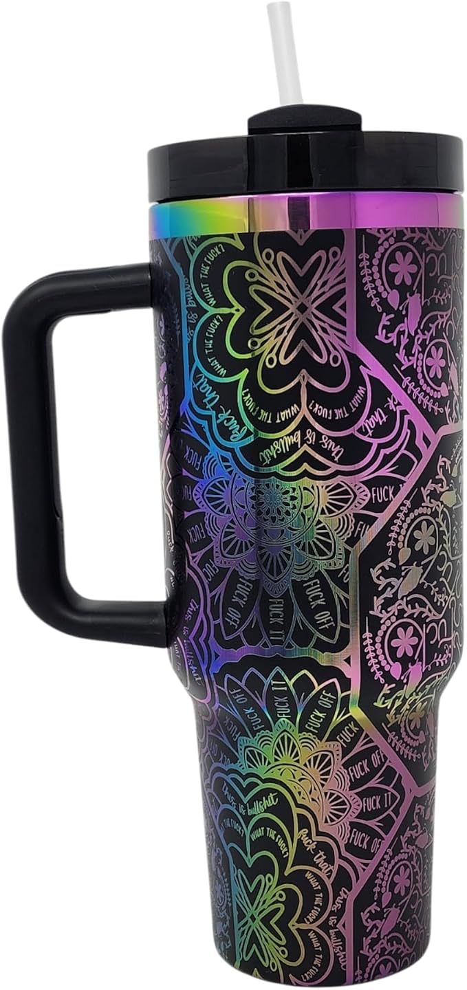 Hidden Cuss Word Tumbler 40oz Laser Engraved Funny Nurse Gift Swear Tumbler with Lid and Straw, Multicolor, Gag Gift Hidden Curse Words Stainless Steel Travel Mug (Black with Rainbow Underlay) by Handmade