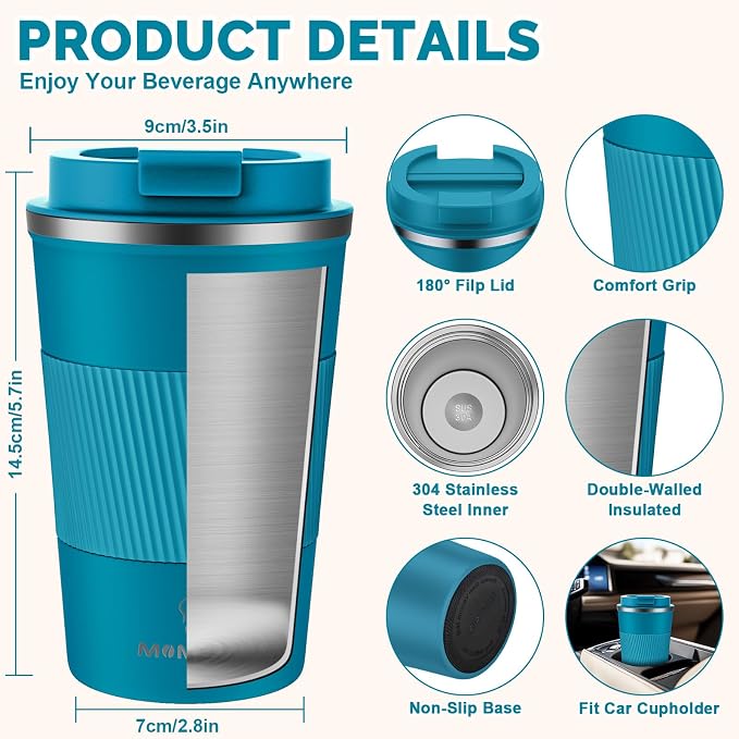 MOMSIV 12oz Travel Mug, Insulated Coffee Cup with Leakproof Lid, Travel Coffee Mug Vacuum Stainless Steel Double Walled Reusable Coffee Cup for Hot and Cold Water Coffee - Image 2
