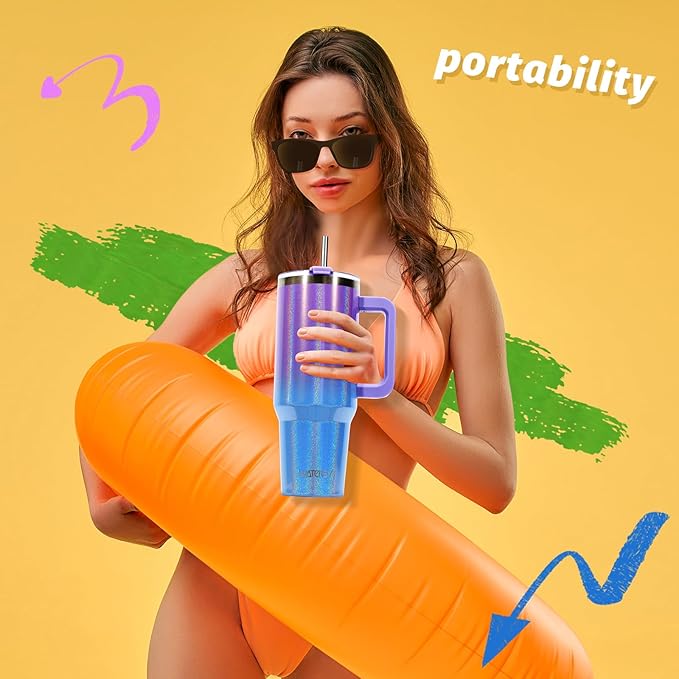 30 oz Shiny Tumbler with Handle and Straw,Stainless Steel Tumbler with Lid and Straw,Insulated Travel Mug(Cold for 34 Hours),Water Bottle for Iced Tea,Coffee (Purple) - Image 6