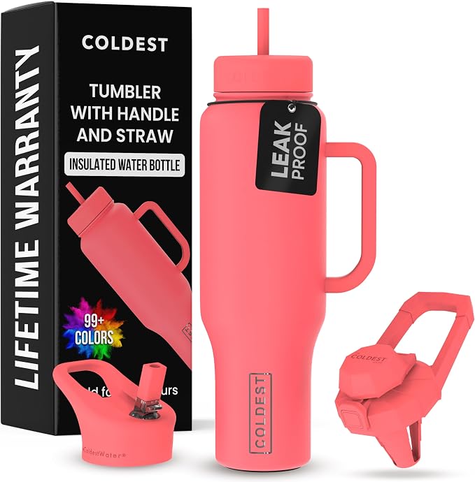 Coldest Tumbler with Handle and Straw - 100% Leak Proof Insulated Tumbler with Lid and Straw (3 Lids) - Stainless Steel Tumblers for Women & Men - Cup Holder Friendly Base, 46 oz (The Cardinal) by Coldest
