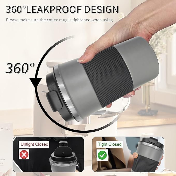 YINBAOGE Insulated Travel Coffee Mug, Spill & Leak Proof, Portable To Go Camping Stainless Steel Coffee Tumbler, Reusable Thermal Coffee Cup with Lid for Hot & Cold Drinks (Grey, 17 OZ) - Image 5