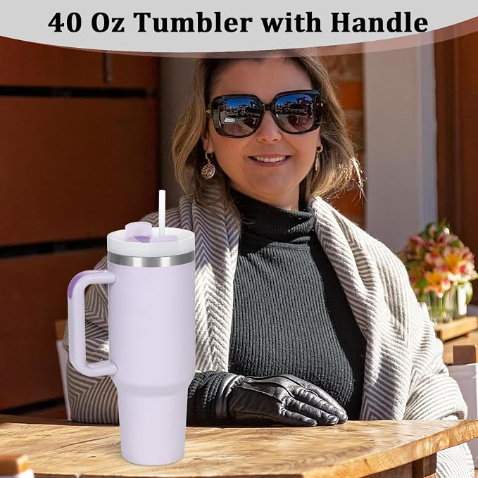 4 Pack 40 Oz Tumbler with Handle Bulk, Double Wall Vacuum Insulated Stainless Steel Tumbler with Lid and Straw, 40 oz cup with Silicone Spill Proof Stopper Set (Purple) - Image 7