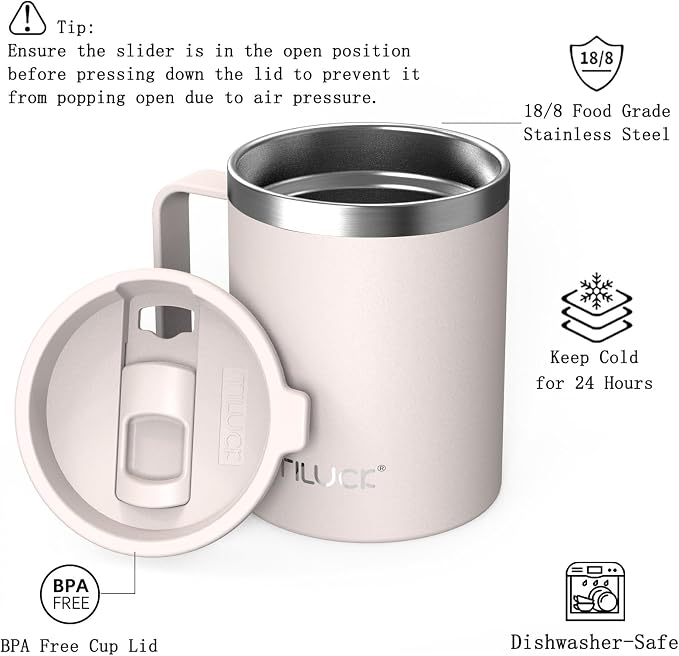 TILUCK 12 oz Insulated Coffee Mug with Lid, Double Wall Vacuum Insulated Travel Mug Cup with Handle for Hot or Cold Drinks（12oz，Matte SakuraPink） - Image 2