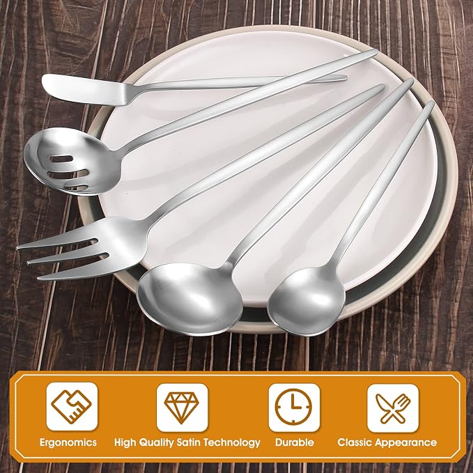 Matte Serving Silverware Set, 5-Piece Round Shared Utensils Set of Stainless - Image 3