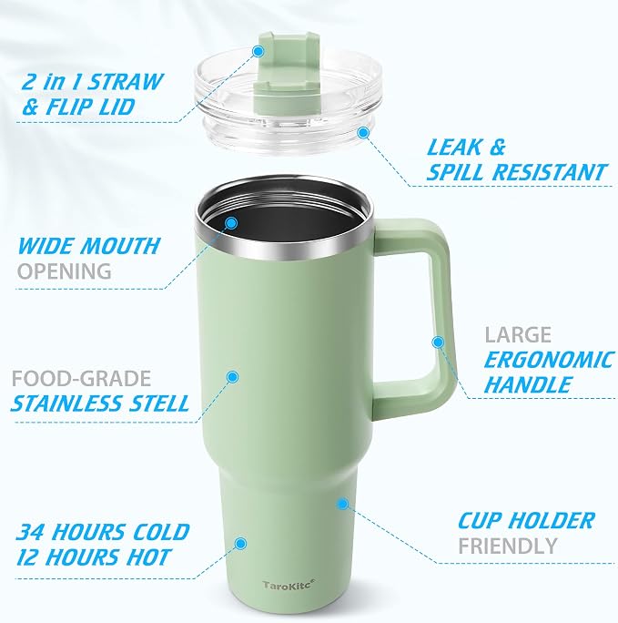 40 oz Tumbler with Handle | Stainless Steel Insulated Travel Mug Iced Coffee Cup with Lids and Straw | Keeps Drinks Cold for 34 Hours | Dishwasher Safe, BPA Free(Light & Deep Blue - Image 4