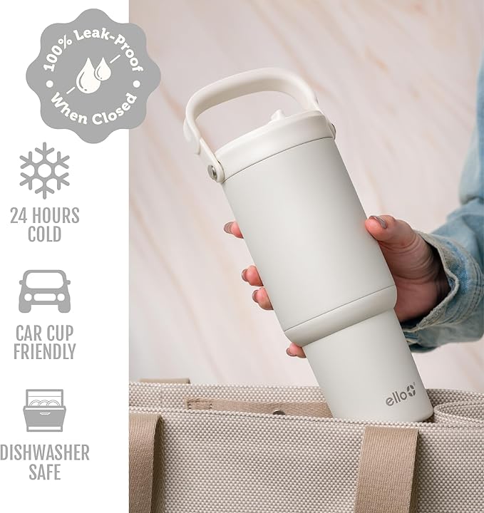 Ello Oasis Go+ 26oz Tumbler with Top Handle and Retracting Straw | Reusable Insulated Stainless Steel Cup, 100% Leakproof Water Bottle, 24 Hours Cold, Cup Holder Friendly For Travel | Mineral - Image 4