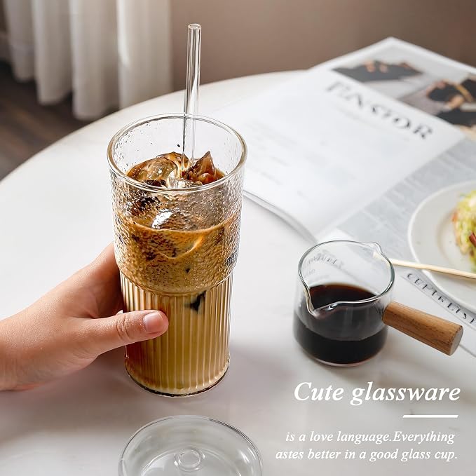 DWTS DANWEITESI Glass Cups with Lids and Straws 4 Pcs,20oz Glasses Drinking Set Vintage Textured Clear Iced Coffee Cups with Lids,Reusable Glass Tumbler with Straw and Lid for Coffee Bar Accessories - Image 5