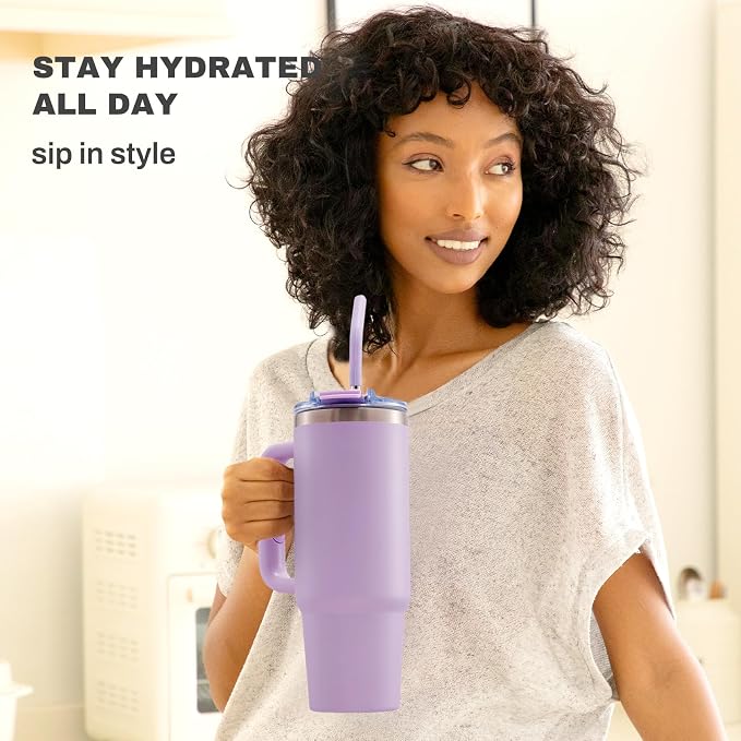 30 oz Tumbler with Handle, Tumbler with Lid and Straw, Double Wall Vacuum Insulated Travel Mug Stainless Steel Tumbler for Hot and Cold, Cupholder Friendly (Purple) - Image 6