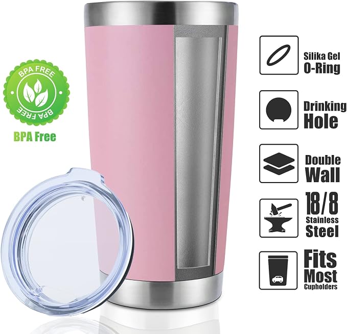 DOMICARE 20oz Stainless Steel Tumbler Bulk with Lid, Double Wall Vacuum Insulated Travel Mug, Powder Coated Coffee Cup,Pink, 12 Pack - Image 2